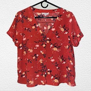 Pink Rose Button Up V Neck Short Sleeve Blouse